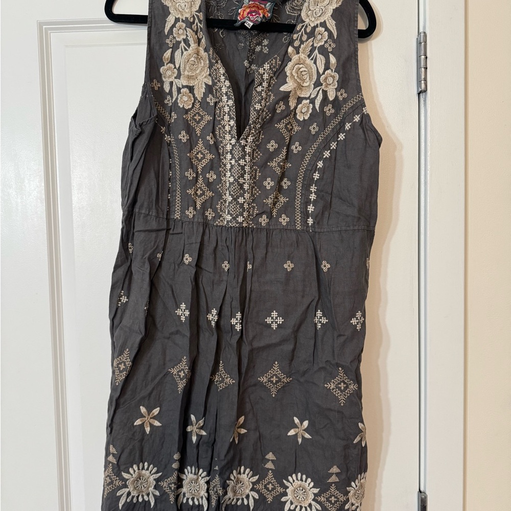 Johnny Was Gray Embroidered Floral Dress